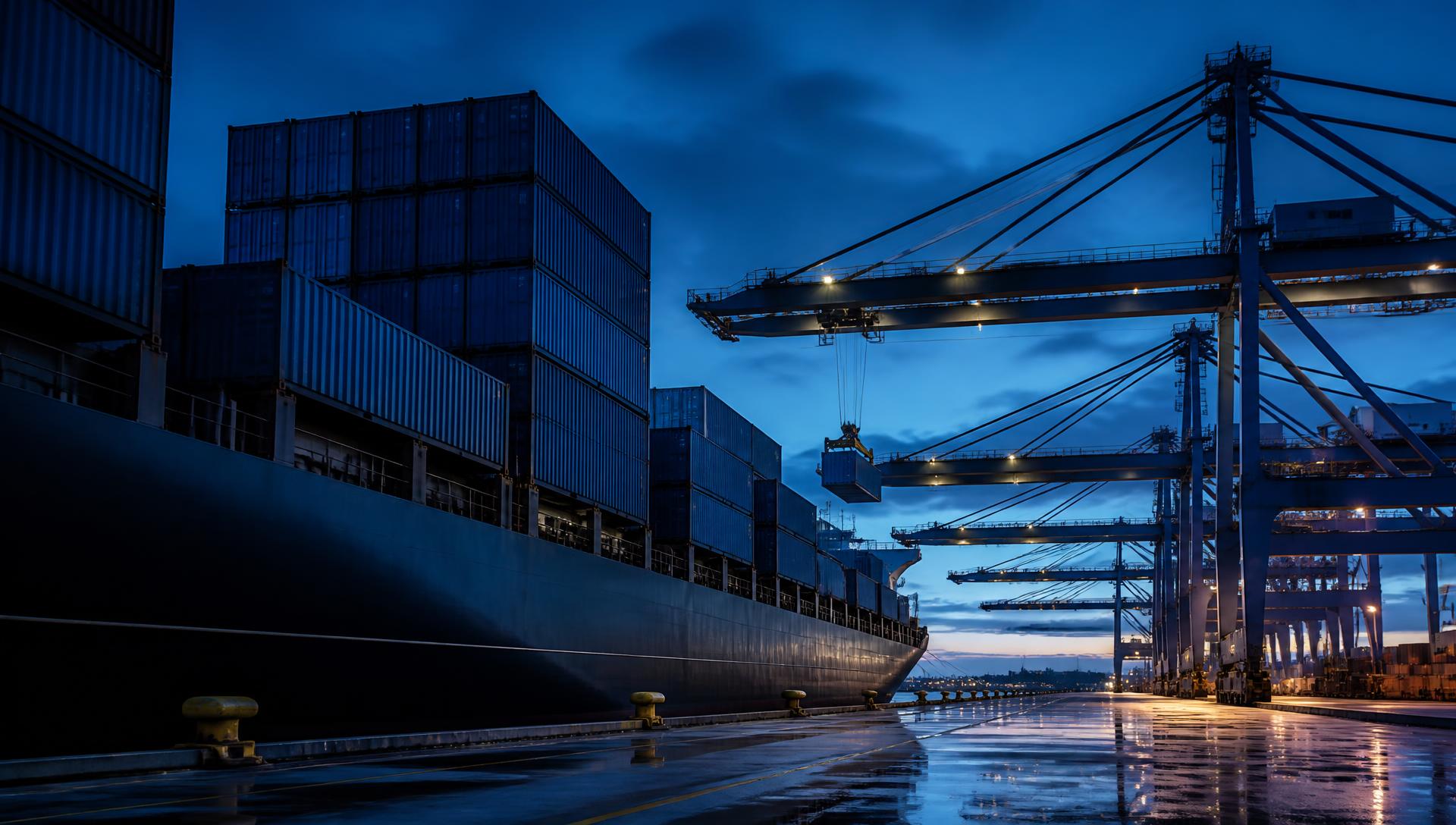 Container ship loading ceramic tile cargo at an Indian port