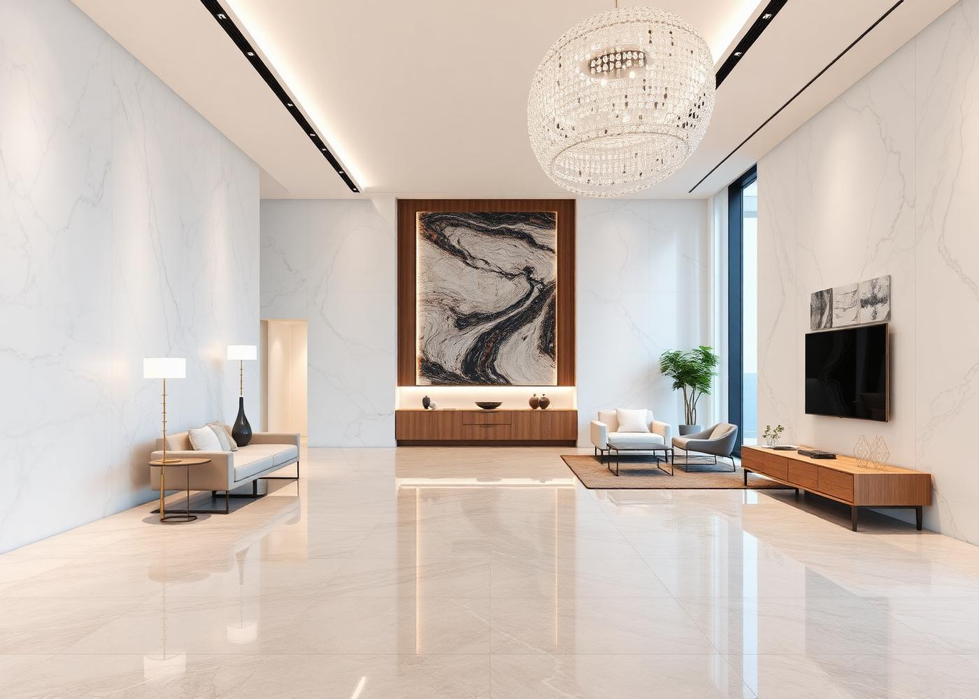 Luxury interior finished with large format polished vitrified tiles