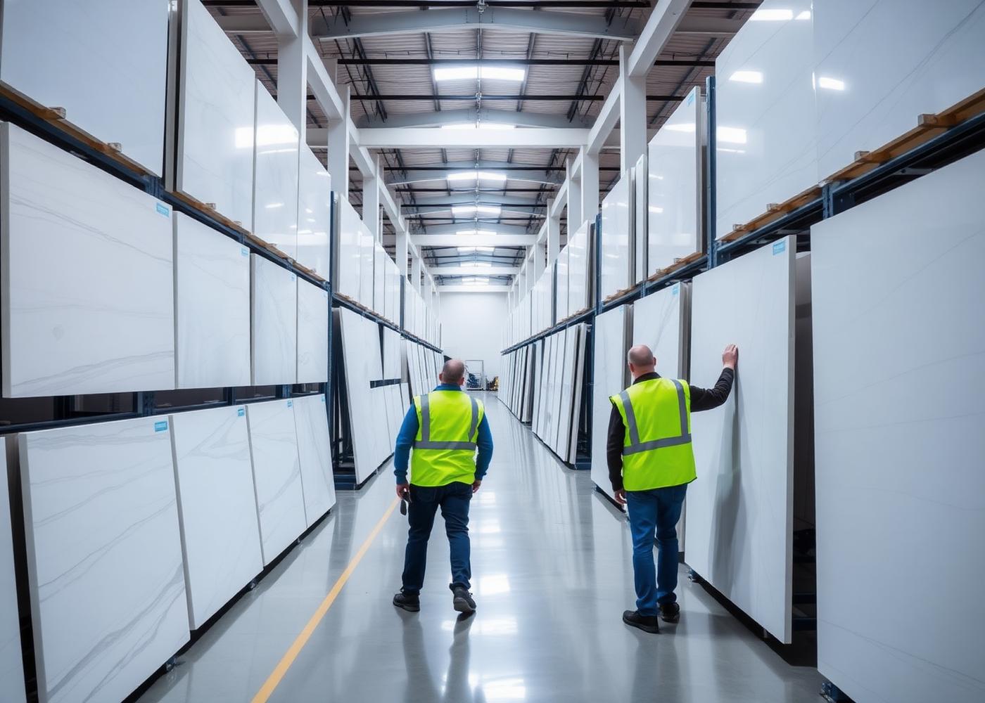 Quality inspection of large format porcelain slabs in a modern warehouse
